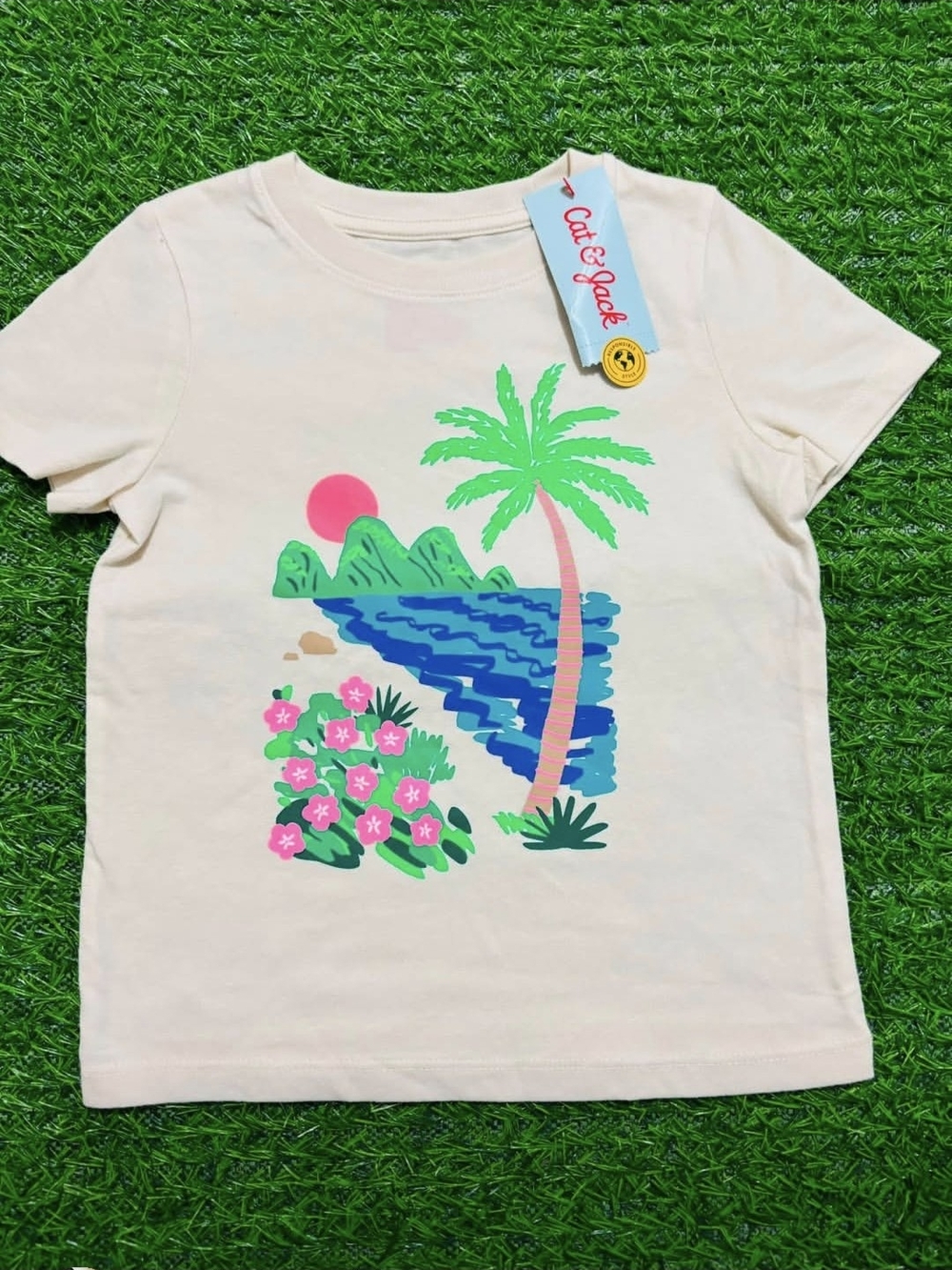 Cat & Jack Cream Tee with Pink, Green & Blue Tropical Print